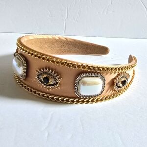 Embellished Tan Headband with Pearl And Gold  Accents